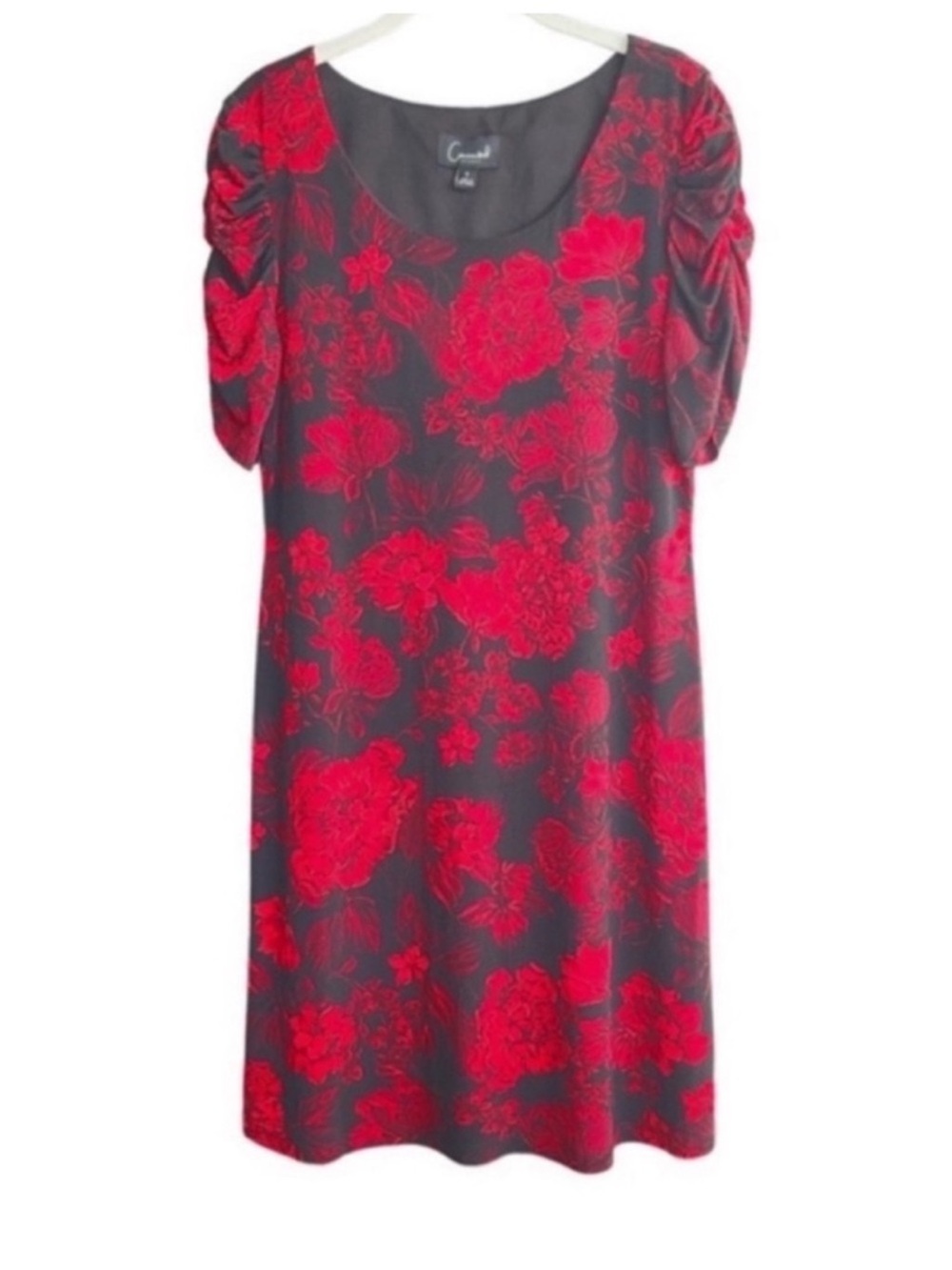 Connected Apparel Short Sleeve Dress Scoop Neck Floral Shift Red Black Size 6